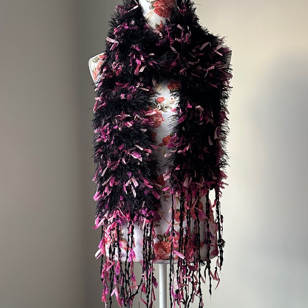 Handmade Knit Boho Gypsy Scarf Long Fringe Black and Pink